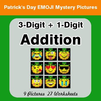 St Patrick's Day: 3-Digit + 1-Digit Addition - Color-By-Number Math Mystery Pictures
