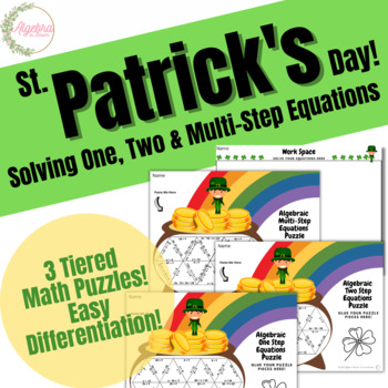 Preview of St. Patrick's Day 3 Tiered Math Puzzle Bundle // One, Two & Multi-step Equations