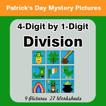 St Patrick's Day: 4-Digit by 1-Digit Division - Color-By-Number Math Mystery Pictures
