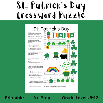 Preview of St. Patrick's Day Activities - Crossword Puzzle Printable (Middle School)