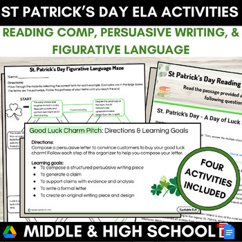 Preview of St. Patrick's Day Activities Middle High School English Reading Comp Writing