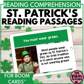 Preview of St. Patrick's Day Activity Reading Passages + Comprehension Questions Boom Cards