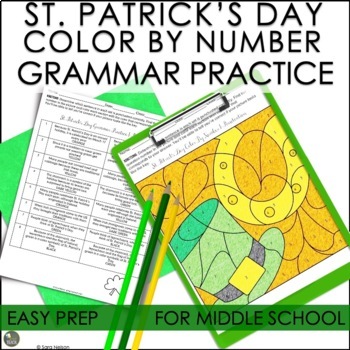 Preview of St. Patrick's Day Activities for Middle School Color by Number Grammar Practice