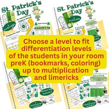 Preview of St. Patrick's Day Activity Bundle - coloring pages, bookmarks, math, writing