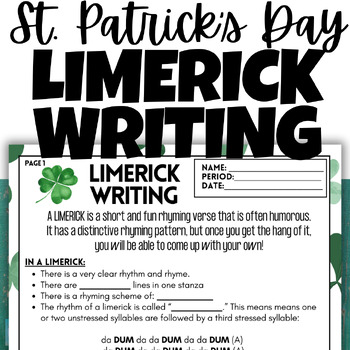 Preview of Middle School St. Patrick's Day ELA English Activity: Writing Limericks Poetry