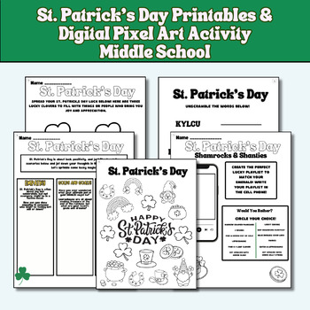 Preview of St Patricks Day Activity Packet Printable & Pixel Art Google Sheet Middle School