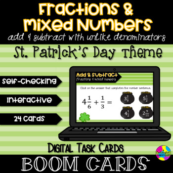 Preview of St. Patrick's Day Add & Subtract Fractions and Mixed Numbers Boom Cards™