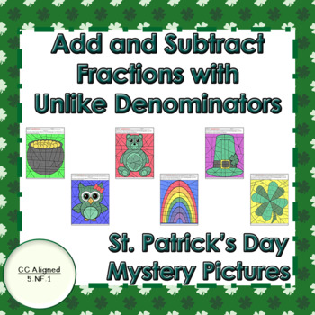 Preview of St. Patrick's Day Add and Subtract Fractions with Unlike Denominators Puzzles