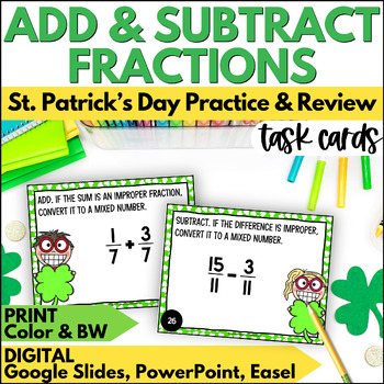 Preview of St. Patrick's Day Adding & Subtracting Fractions Task Cards - Practice & Review