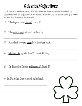 Preview of St. Patrick's Day Adjectives, Adverbs, Prefixes Review