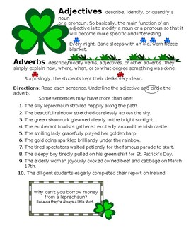Preview of St. Patrick's Day Adjectives and Adverbs Worksheet