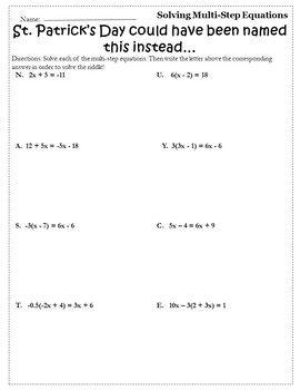 St Patricks Day Algebra Worksheet Solving Multi Step Equations Activity