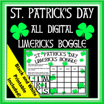 Preview of St. Patrick's Day All Digital Limericks Boggle/Black White Printable Included