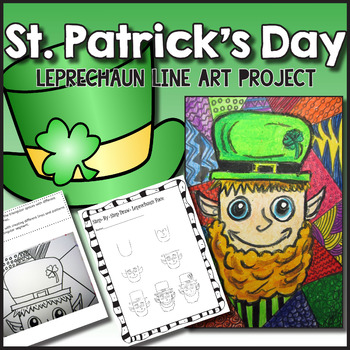 Preview of St. Patrick's Day Art Lesson, Leprechaun Line Art Project for Elementary