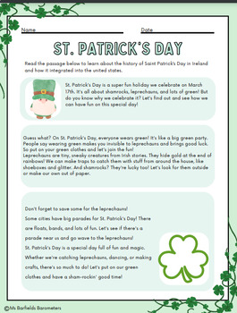 Preview of St. Patrick's Day Article, Vocabulary, Q&A, and Short Answer