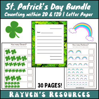 Preview of St. Patrick's Day BUNDLE, Count within 20 & 120, Letter Writing Paper 1st Grade