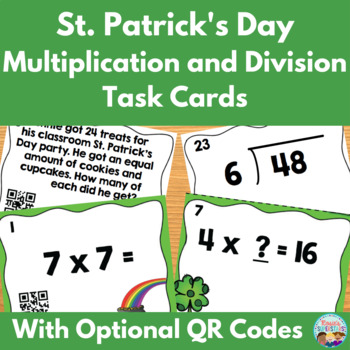 Preview of St. Patrick's Day Multiplication and Division Task Cards with Optional QR Codes