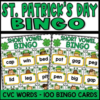 Preview of St. Patrick's Day Bingo Game Short Vowel A E I O U CVC Words March Bingo Cards