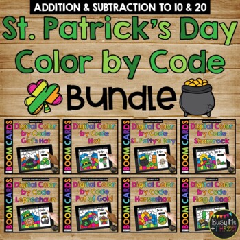 Preview of St. Patrick's Day Boom Cards™ Color by Code BUNDLE | 8 Decks | Add | Subtract