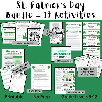 Preview of St Patrick's Day- Math, Reading Comprehension, and Writing - 17 Activities