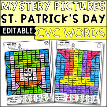 Preview of St. Patrick's Day CVC Words Practice Color by Code Editable Worksheets