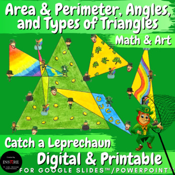 Preview of St. Patrick's Day Catch a Leprechaun Area Perimeter Angles Triangles Math & Art