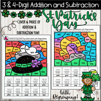 Preview of St. Patrick's Day Color By 3 & 4-Digit Addition And Subtraction With Regrouping