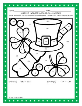 Preview of St. Patrick's Day Color by Number - Adding Positive and Negative Integers