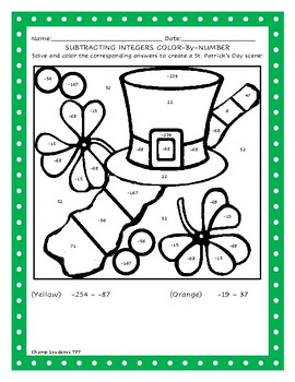 Preview of St. Patrick's Day Color by Number - Subtracting Positive and Negative Integers