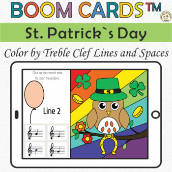 Preview of St. Patrick`s Day Color by Treble Clef Lines and Spaces | Music Boom Cards™