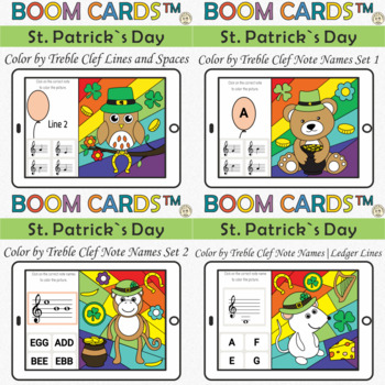 Preview of St. Patrick`s Day Color by Treble Clef Note Names Bundle | Boom Cards™