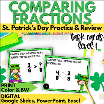 Preview of St. Patrick's Day Comparing Fractions Task Cards Activities for March - Level 1