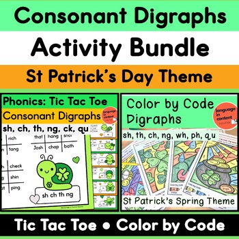 Preview of St Patrick's Day Consonant Digraphs Centers Resources Tic Tac Toe Color by Code