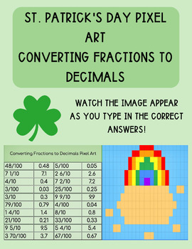 Preview of St. Patrick's Day Converting Fractions to Decimals Pixel Art