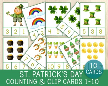 Preview of St. Patrick's Day Count and Clip Cards, Numbers 1-10, Watercolor Images