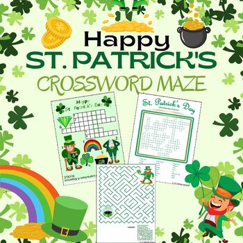 Preview of St. Patrick's Day Crossword & Maze Puzzle March FUN Activities, Games Spring