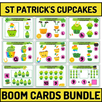 Preview of St. Patrick's Day Cupcakes Letter And Math Boom Cards For Young Learners Bundle