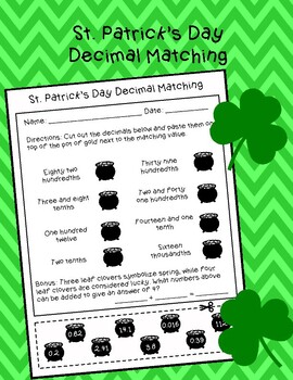 Preview of St. Patrick's Day Decimal Matching