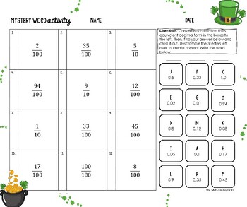 Preview of St. Patrick's Day Converting Decimals to Fractions Mystery Word Activity