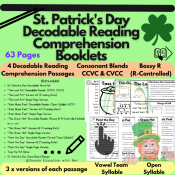 Preview of 4 x St. Patrick's Day Decodable Reading Comprehension Booklets/Passages & Task