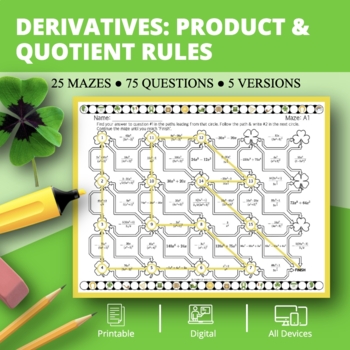 Preview of St. Patrick's Day: Derivatives Product & Quotient Rules Maze Activity