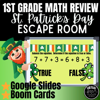 Preview of St. Patrick's Day Digital Escape Room | 1st Grade Math | Addition|Time|Fractions