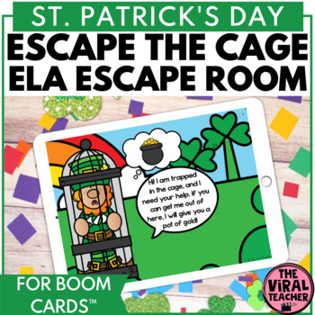 Preview of St. Patrick's Day ELA Escape Room Game Literacy Activities Boom Cards™