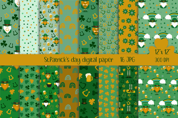 Preview of St. Patrick's Day Digital Papers, Shamrock Pattern, Irish Gnome, Rainbow