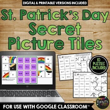 Preview of St. Patrick's Day Digital Secret Picture Tile Math Puzzles Google Classroom™ 