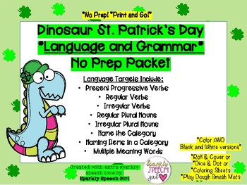 Preview of St. Patrick's Day Dinosaur LANGUAGE & GRAMMAR No Prep, Print and Go Packet