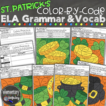 Preview of St. Patrick's Day ELA Color by Code Activity Vocabulary and Grammar Worksheets