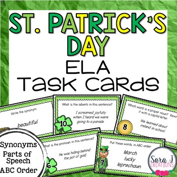 Preview of St. Patrick's Day ELA Task Cards Parts of Speech, Synonyms, ABC Order