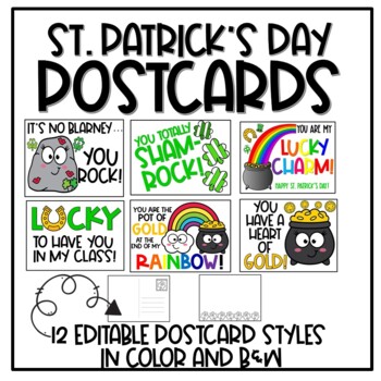 Preview of St. Patrick's Day Editable Postcards Notes from Teacher to Student