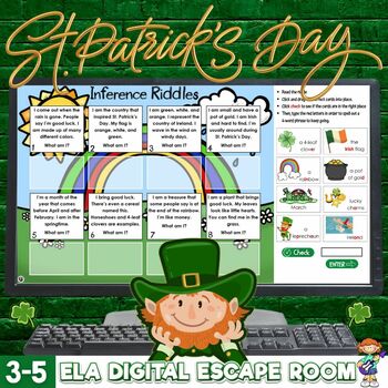 Preview of St. Patrick's Day Escape Room ELA Skills Antonyms Synonyms Homophones & More